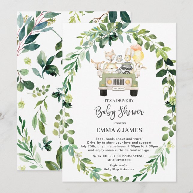 Chic Greenery Woodland Drive By Baby Shower Parade Invitation (Front/Back)