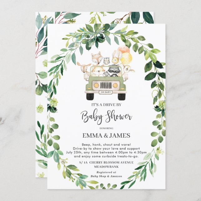 Chic Greenery Woodland Drive By Baby Shower Parade Invitation (Front/Back)