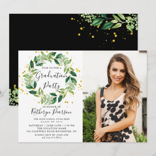 Chic Greenery Wreath Gold Glitter Graduation Photo