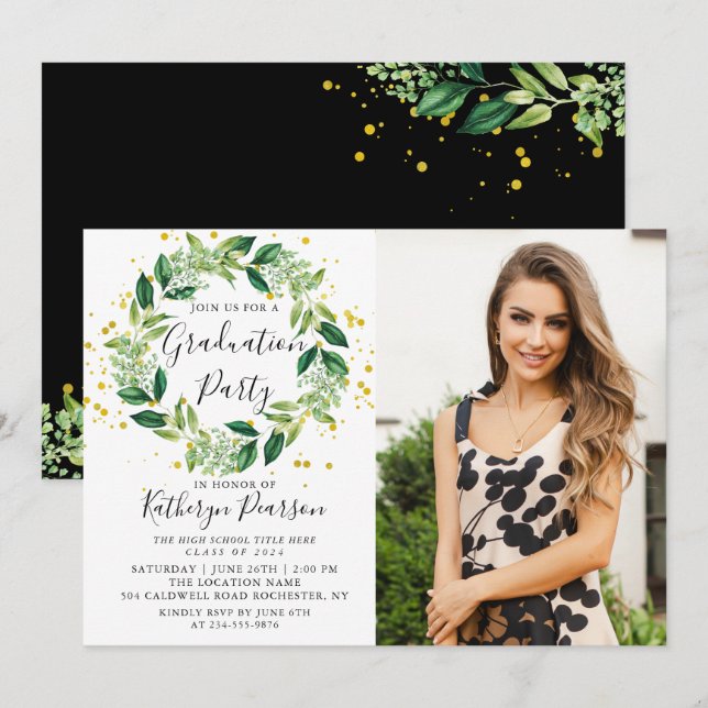 Chic Greenery Wreath Gold Glitter Graduation Photo Invitation (Front/Back)