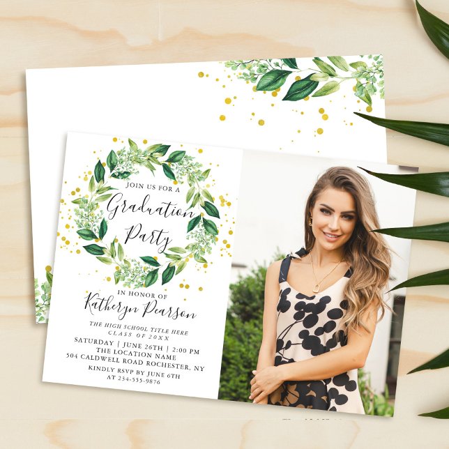 Chic Greenery Wreath Gold Glitter Graduation Photo Invitation (Creator Uploaded)