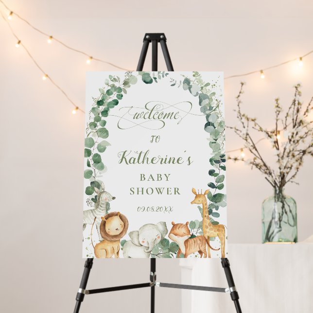 Chic Greenery Wreath Jungle Animals Welcome Sign (In Situ (Stand))