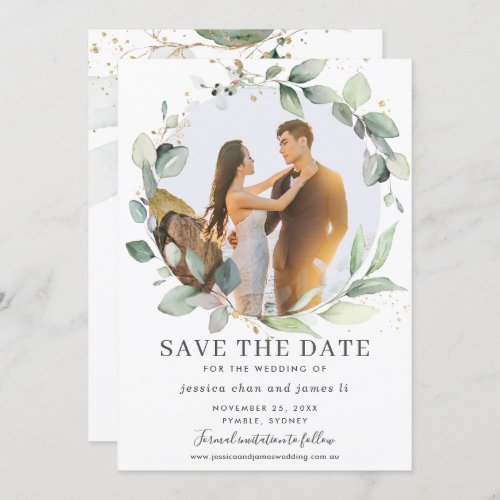 Chic Greenery Wreath Photo Save the Date Card