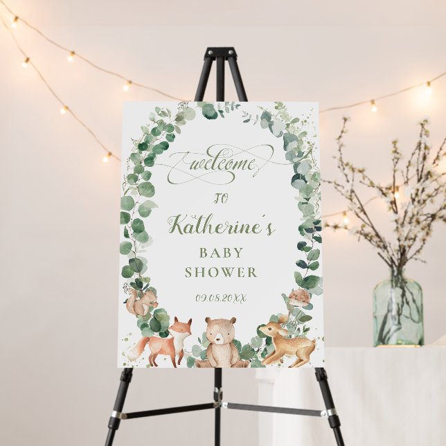 Chic Greenery Wreath Woodland Animals Welcome Sign (In Situ (Stand))