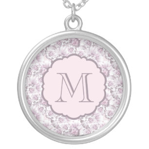 Chic Grey and Pink Floral Pattern Monogram Silver Plated Necklace