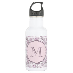 Chic Grey and Pink Floral Pattern Monogram Water Bottle