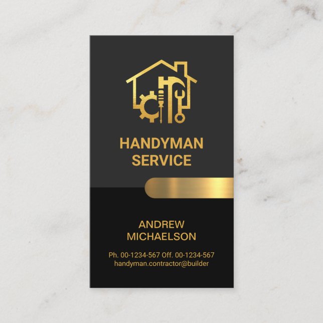 Chic Grey Black Gold Handyman Tools Business Card (Front)