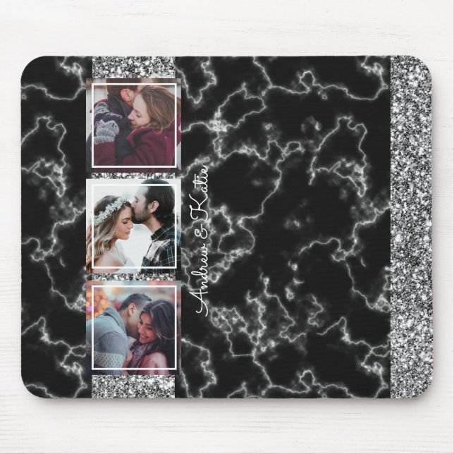 Chic Grey & black Marble 3 Photo Collage customize Mouse Pad (Front)