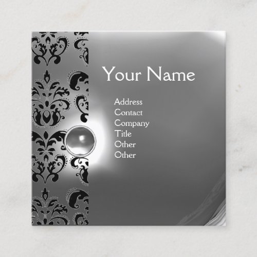 CHIC GREY BLACK WHITE DAMASK GEMSTONE MONOGRAM SQUARE BUSINESS CARD