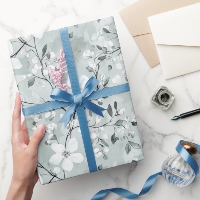 Chic Grey Blue White Flowers Bridal Shower Wrapping Paper (Gifting)