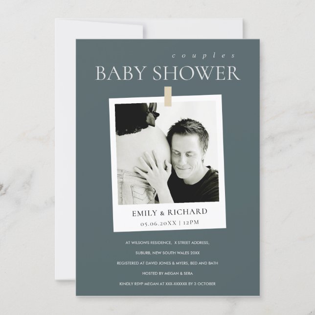 CHIC GREY CUSTOM PHOTO COUPLES BABY SHOWER INVITE (Front)