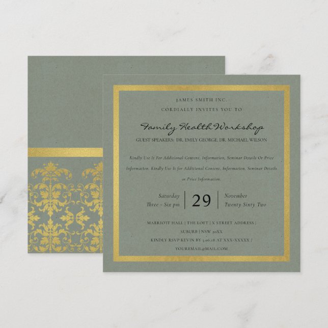 CHIC GREY GOLD FAUX DAMASK CLASSIC WORKSHOP EVENT INVITATION (Front/Back)