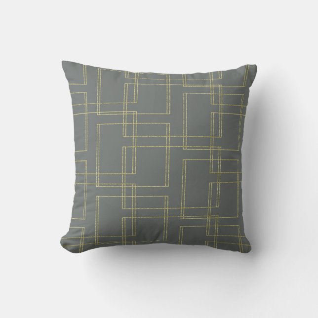 Chic Grey & Gold Geometric Glam Throw Pillow (Front)
