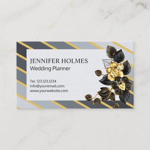 Chic Grey Gold Stripes Orchid Floral Black Golden Business Card