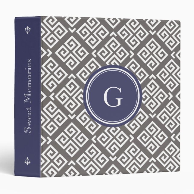 Chic grey greek key geometric patterns monogram binder (Front/Spine)