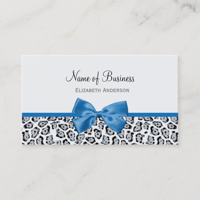 Chic Grey Jaguar Print With Cobalt Blue Bow Business Card (Front)