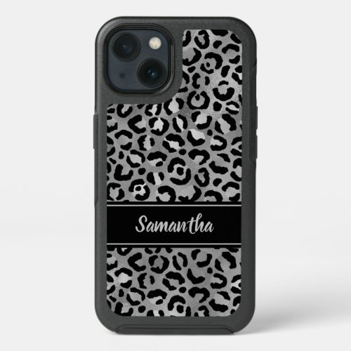 Chic Grey Leopard Black Silver Foil Personalized iPhone 13 Case