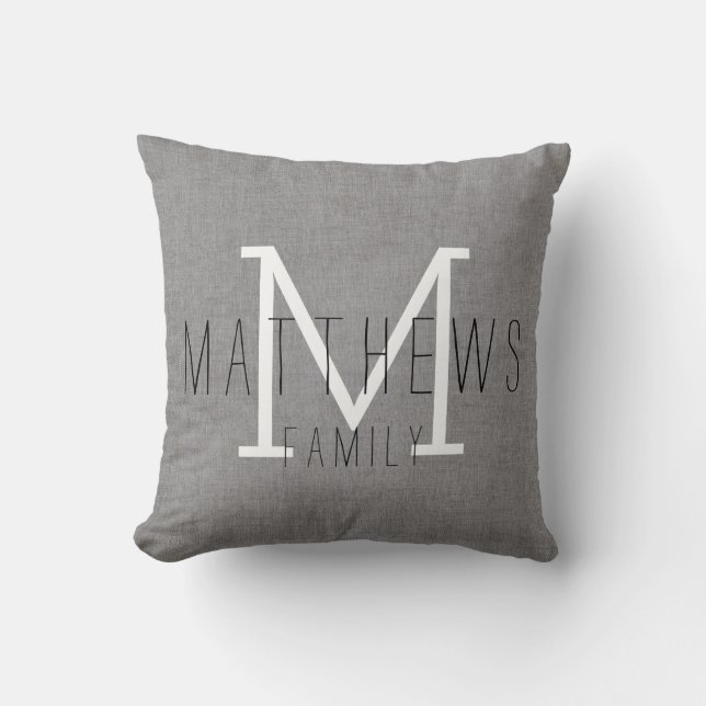 Chic Grey Linen Custom Family Name Monogram Throw Pillow (Front)