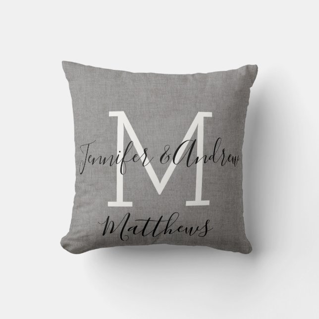 Chic Grey Linen Custom Newlyweds Name Monogram Throw Pillow (Front)