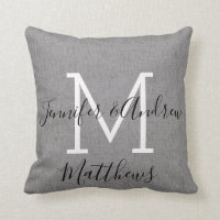 Chic Grey Linen Custom Newlyweds Name Monogram Throw Pillow