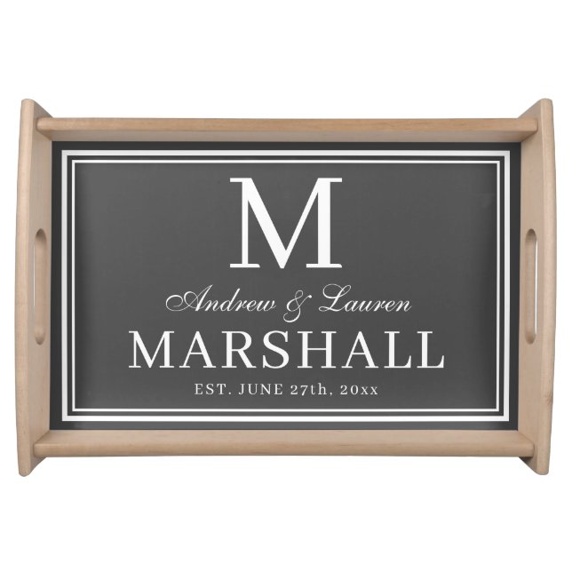 Chic Grey Newlywed Couple Monogram Name Wedding Serving Tray (Front)