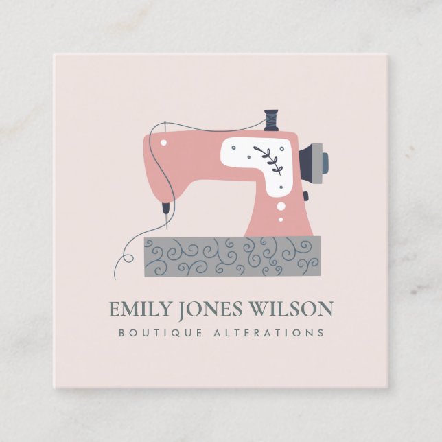 CHIC GREY PEACH BLUSH PINK SEWING MACHINE TAILOR SQUARE BUSINESS CARD (Front)