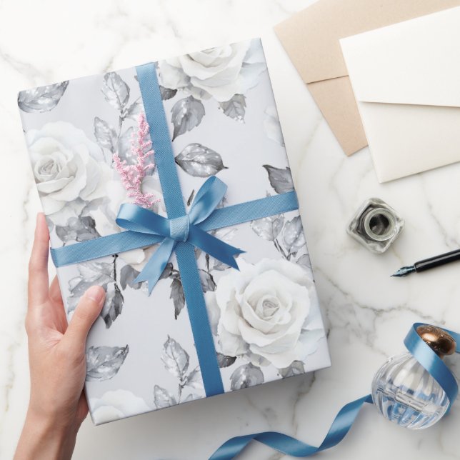 Chic Grey Silver White Floral Wedding Wrapping Paper (Gifting)