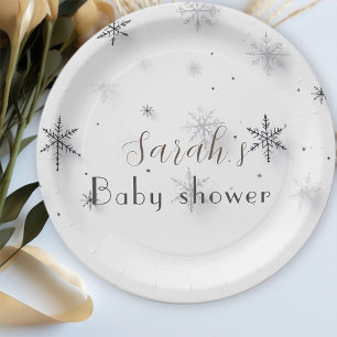 chic grey Snowflakes winter Baby shower Paper Plates