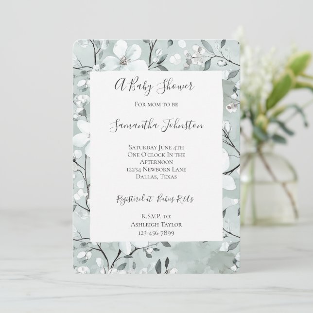Chic Grey White Flowers Baby Shower Invitation (Standing Front)