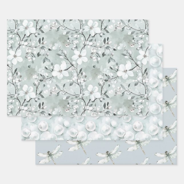 Chic Grey White Flowers Dragonflies Bridal Shower Wrapping Paper Sheets (Set)