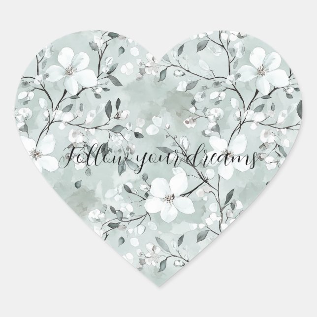 Chic Grey White Flowers Heart Sticker (Front)