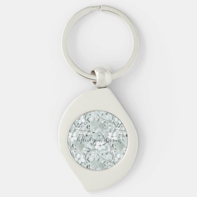 Chic Grey White Flowers Keychain (Front)