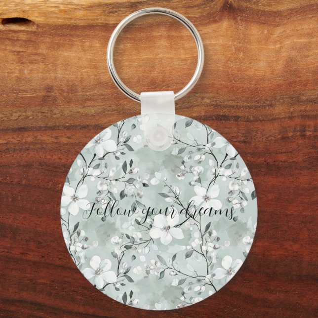 Chic Grey White Flowers Keychain (Front)