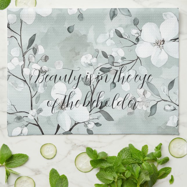 Chic Grey White Flowers Kitchen Towel (Folded)