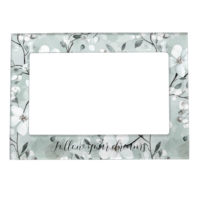 Chic Grey White Flowers Magnetic Frame (Front)