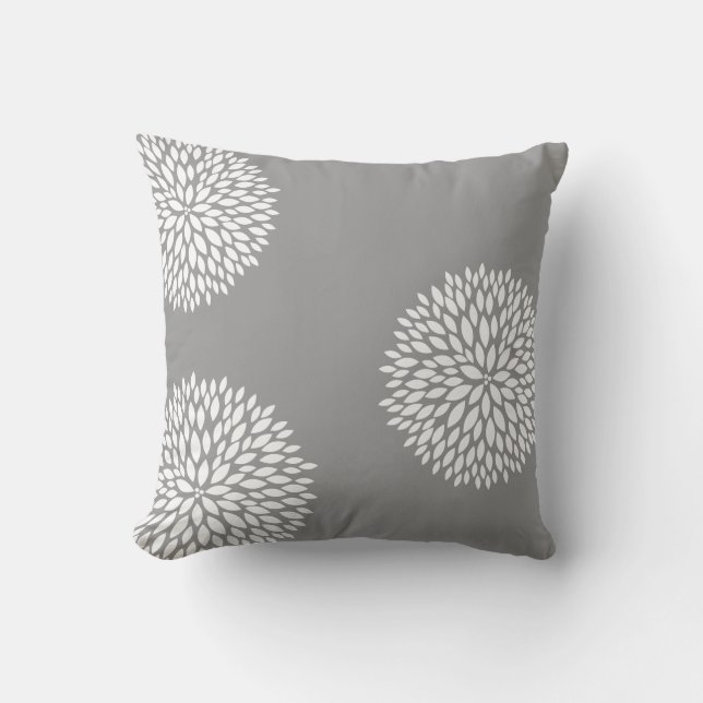 Chic Grey White Flowers Throw Pillow (Front)