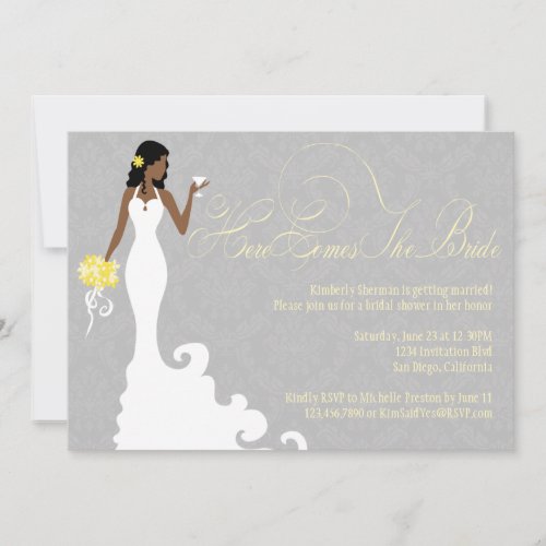 Chic Grey Yellow Here Comes the Bride Shower Invitation