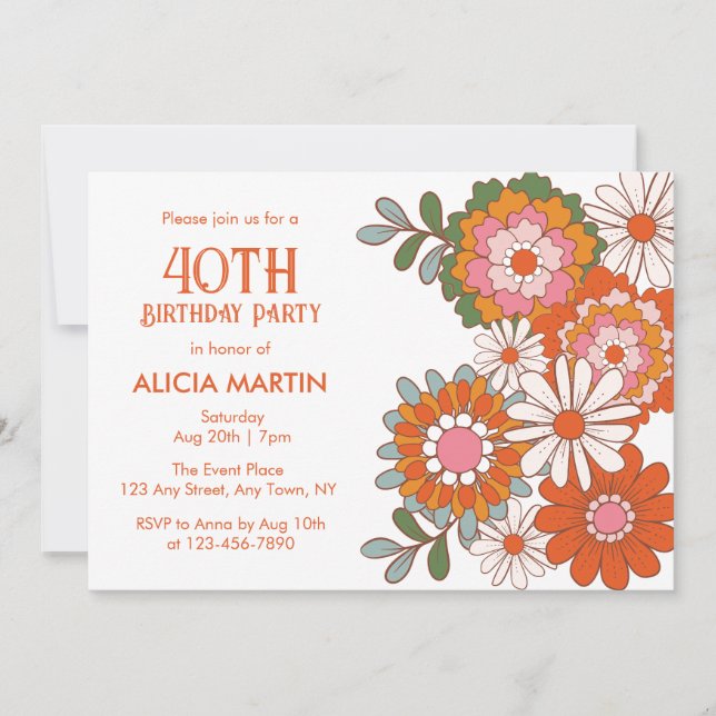 Chic Groovy Retro Hippie Flora Leaf Birthday Invitation (Front)