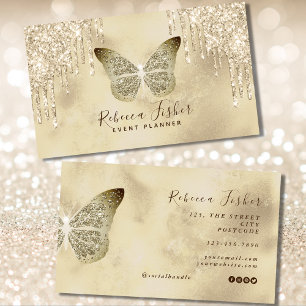 Chic Grunge Rustic Butterfly Ivory Gold Dripping Business Card