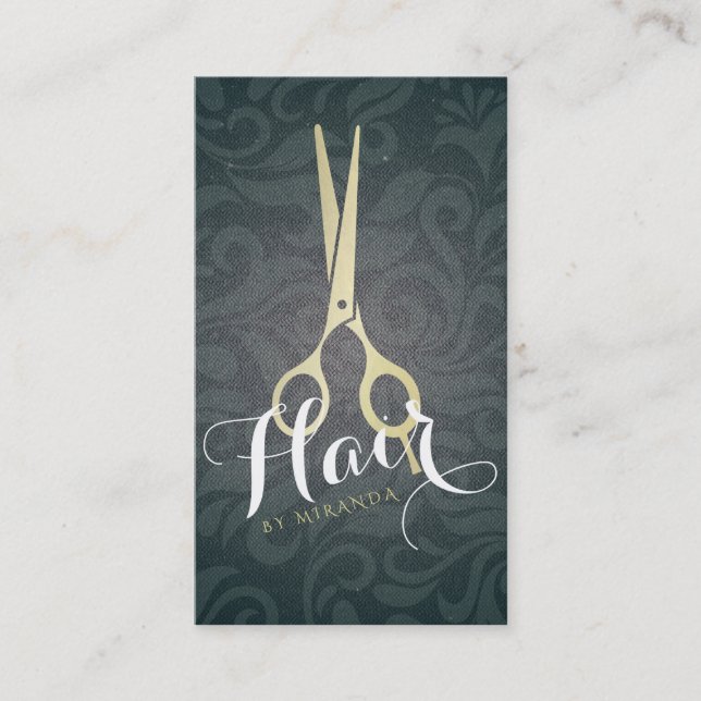 Chic Hair Stylist Black Gold Scissors Linen Damask Appointment Card (Front)