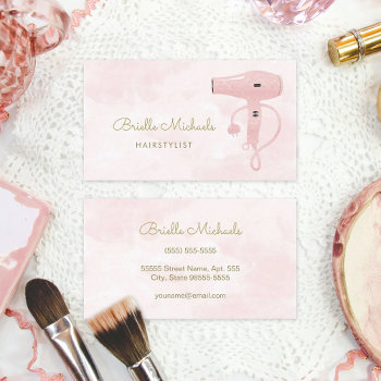 Chic Hairstylist Soft Pink Faux Glitter Hairdryer Business Card by GirlyBusinessCards at Zazzle
