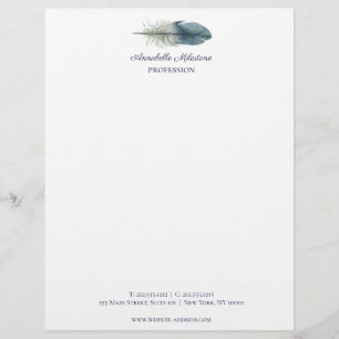 Chic Hand drawn blue gray watercolor feather V1 Letterhead
