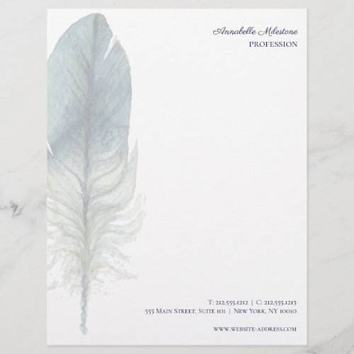 Chic Hand drawn blue gray watercolor feather V3 Letterhead