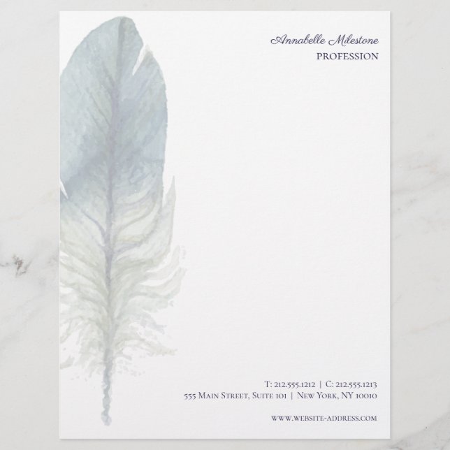 Chic Hand drawn blue gray watercolor feather V3 Letterhead (Front)