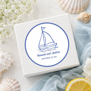 Chic Hand Drawn Boat with Waves Wedding Favor Classic Round Sticker