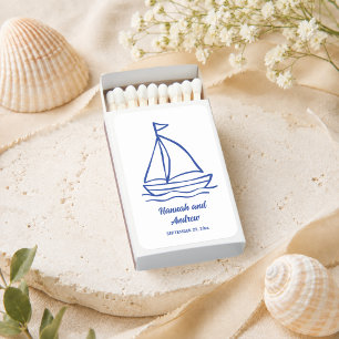 Chic Hand Drawn Boat with Waves Wedding Matchboxes