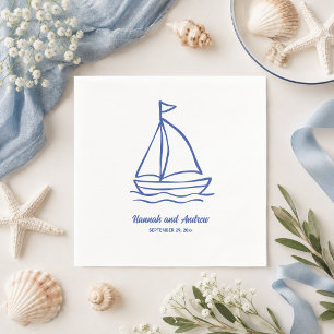 Chic Hand Drawn Boat with Waves Wedding Napkins