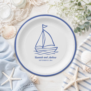 Chic Hand Drawn Boat with Waves Wedding Paper Plates