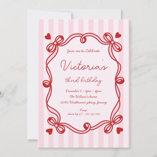 Chic Hand Drawn Bow Birthday  Invitation (Front)