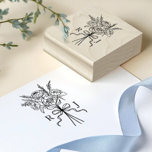 Chic Hand Drawn Bow & Floral Bouquet Monogram Rubber Stamp